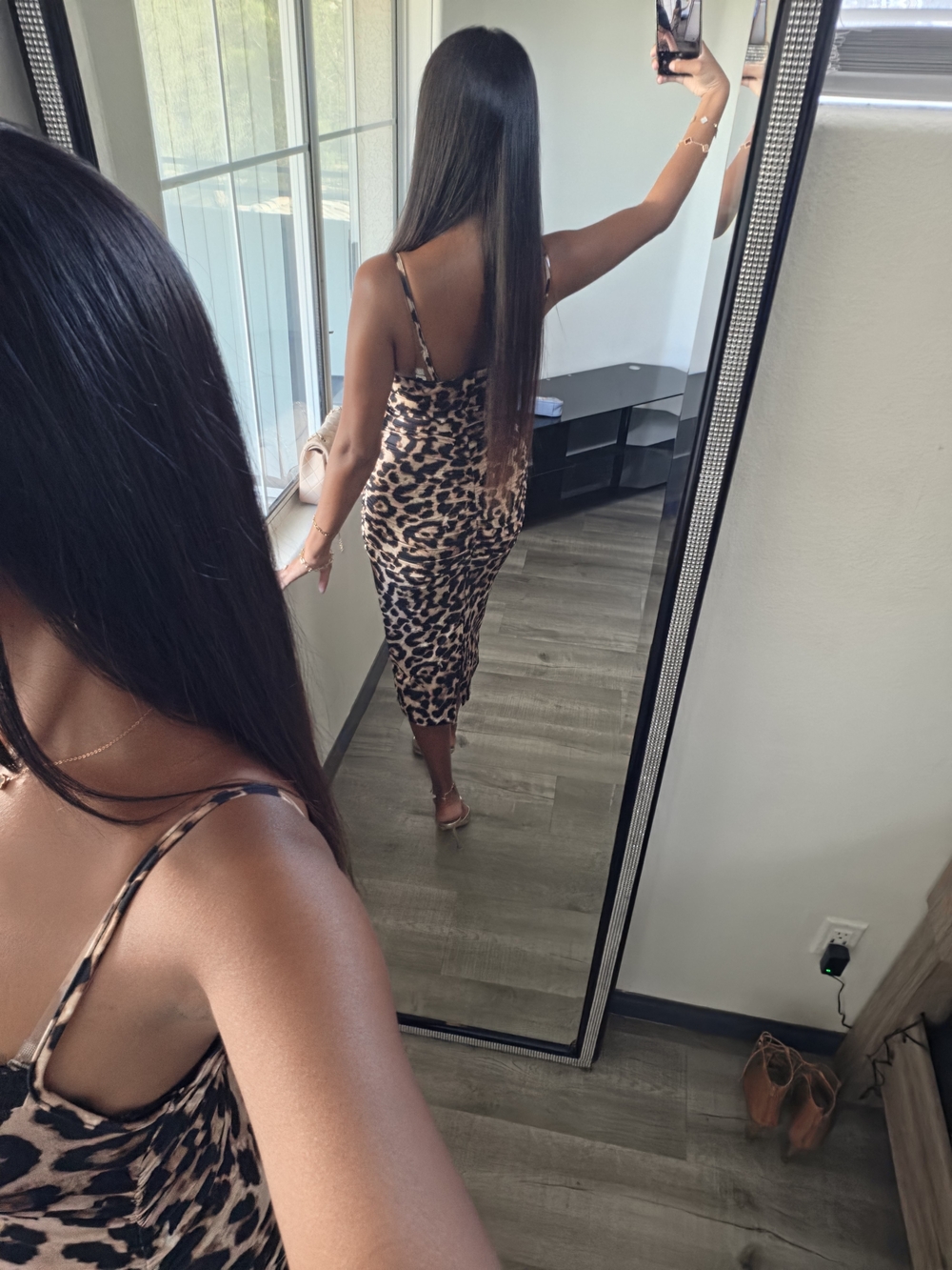 Leopard Print Slip Midi Dress - Nude/Black Very Stretchy - Picture 9 of 17